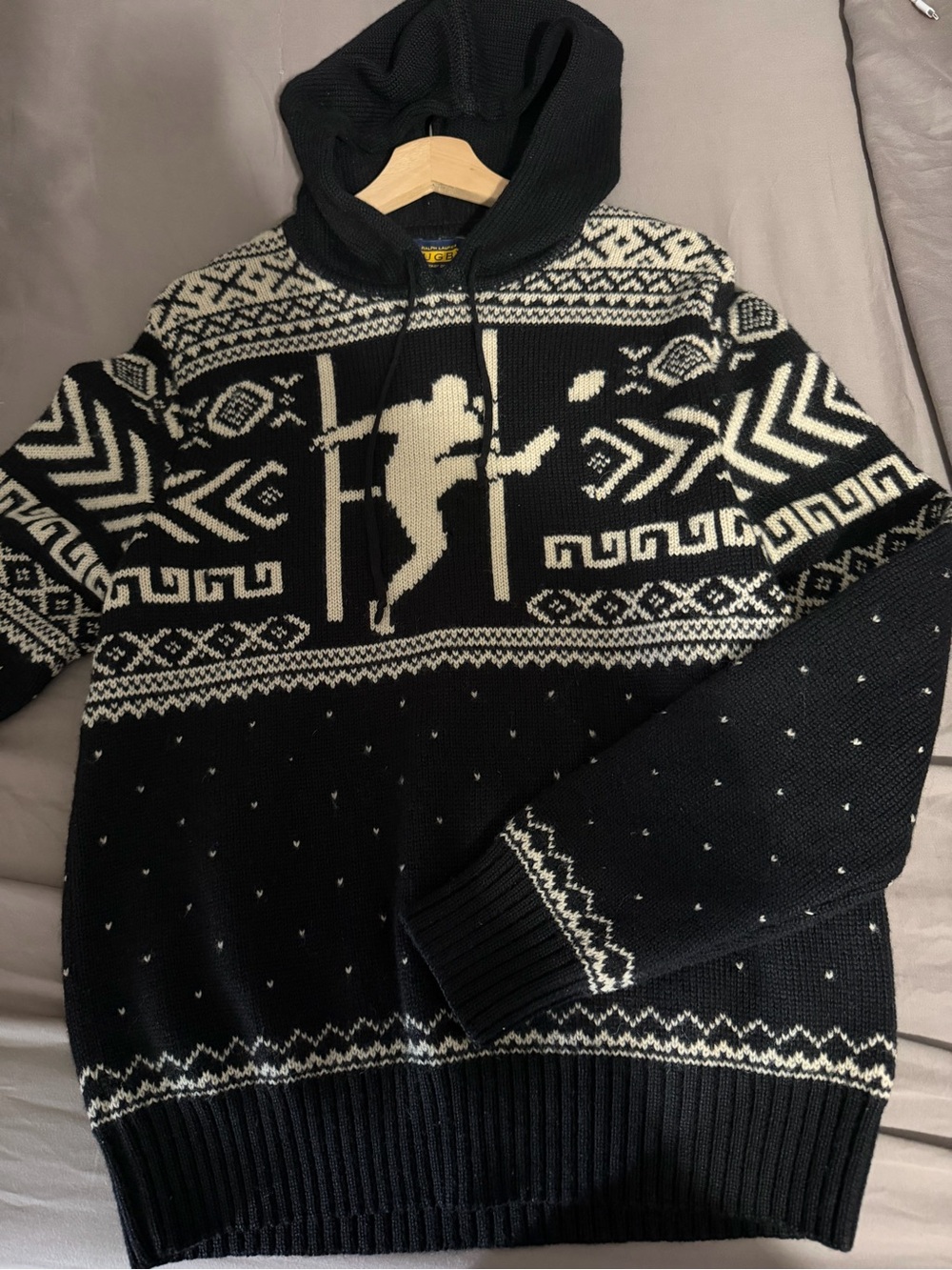 Ralph Lauren Rugby Black & Cream Knit Hooded Sweater - Picture 3 of 3